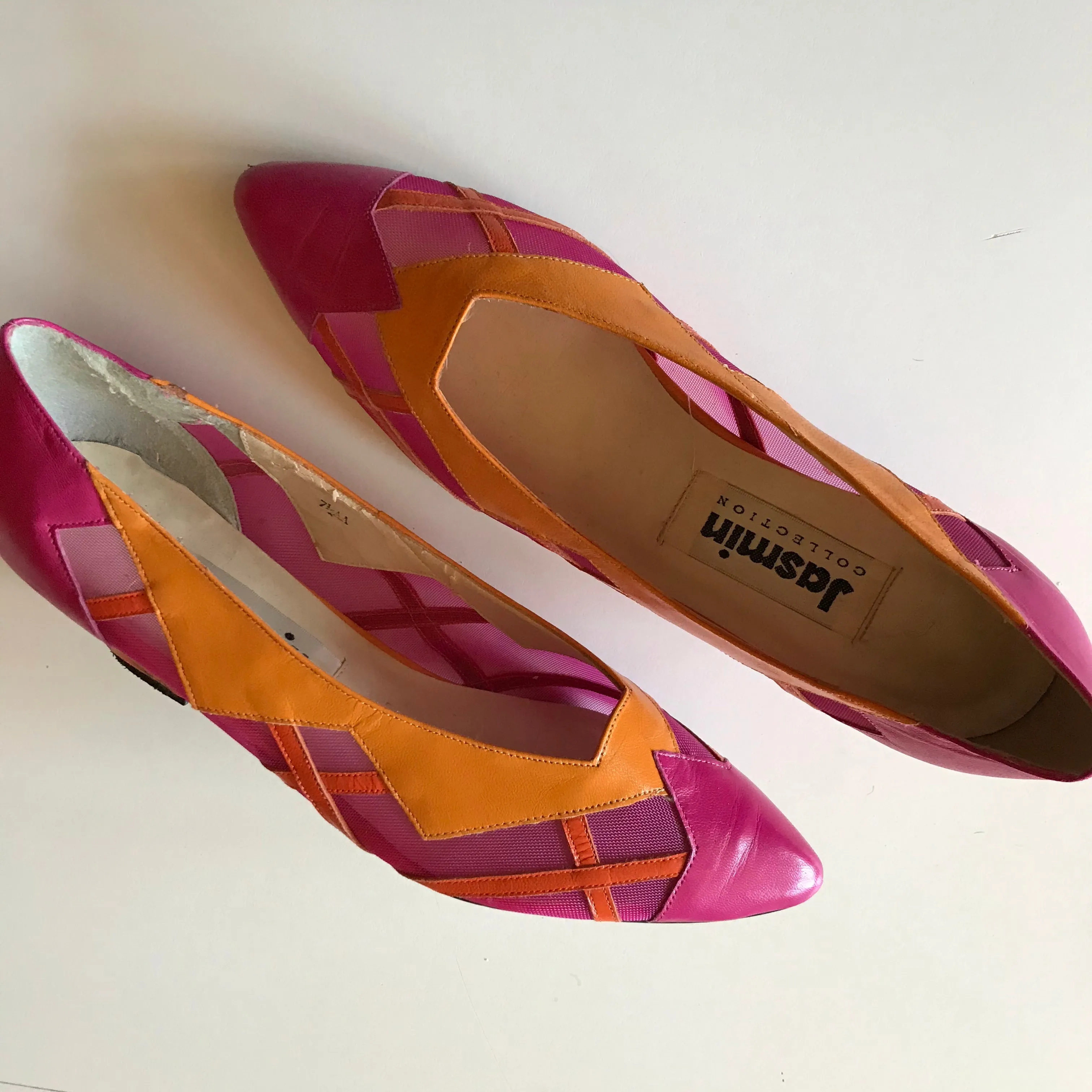 Bright Orange and Pink Wedge Heel Shoes Flats circa 1980s 7