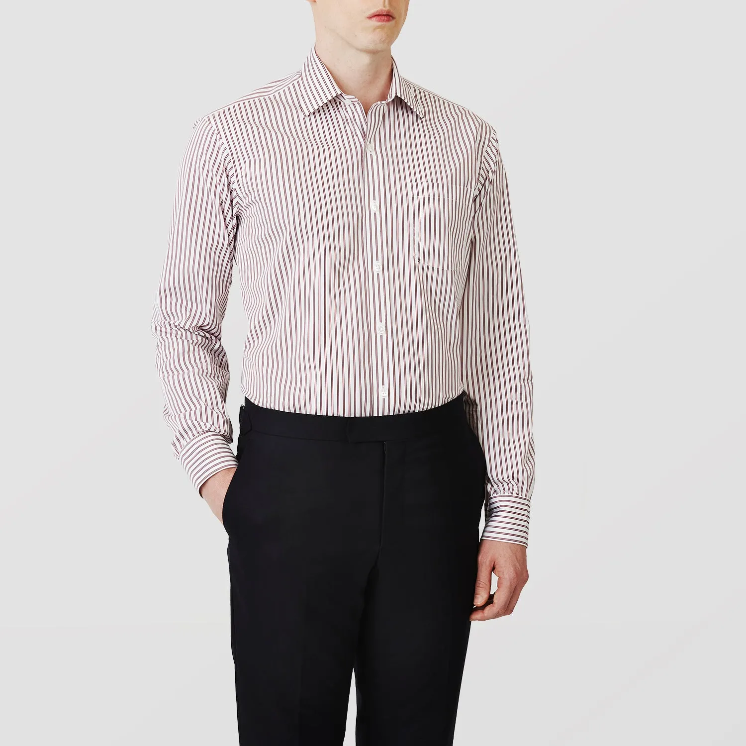 Burgundy Stripe Weekend Fit Shirt with Derby Collar and 1-Button Cuffs