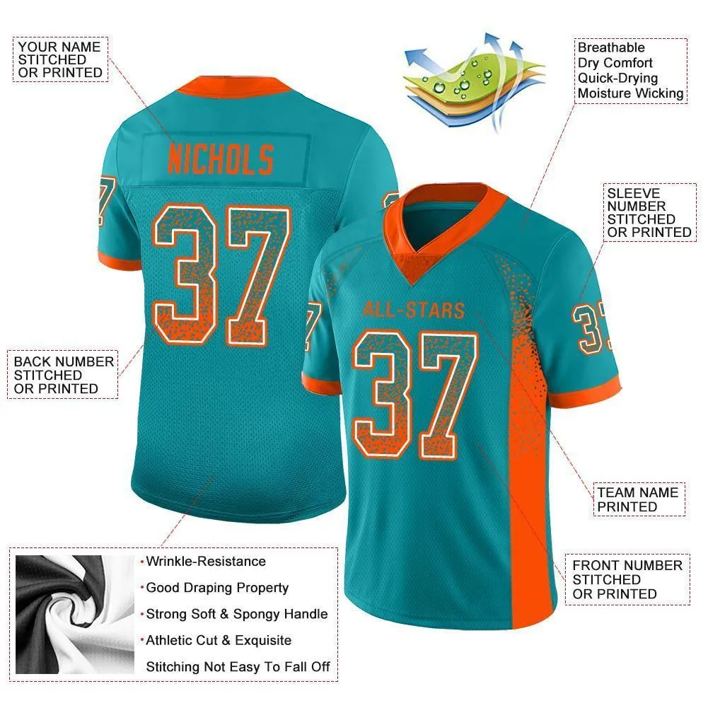 Custom Aqua Orange-White Mesh Drift Fashion Football Jersey