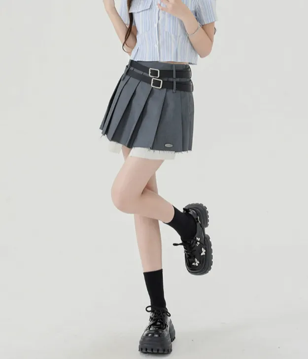 Double Belt Pleated Mini Skirt