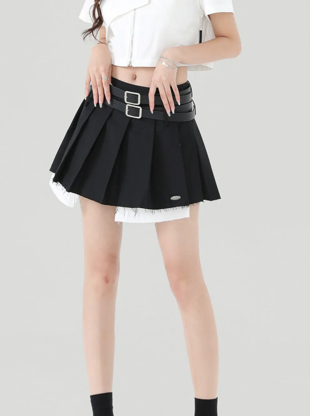 Double Belt Pleated Mini Skirt