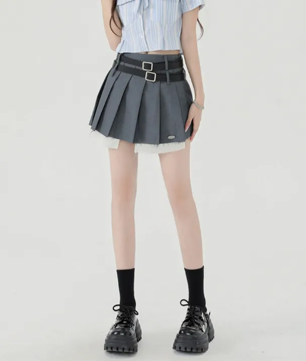 Double Belt Pleated Mini Skirt