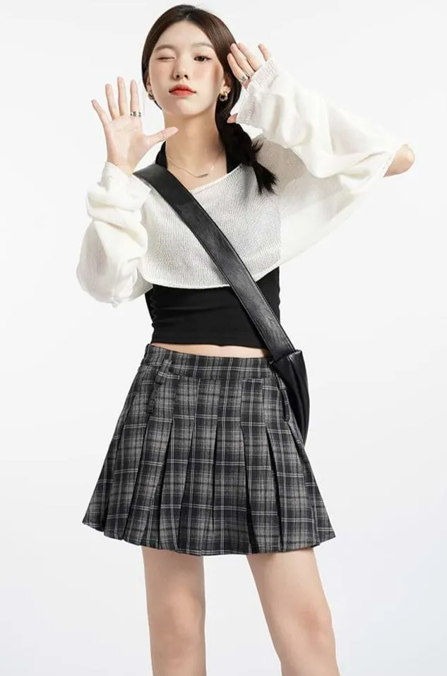 High Waist Pleated Plaid Mini Skirt