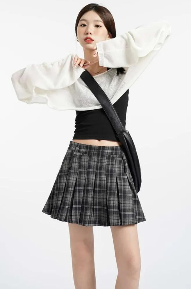 High Waist Pleated Plaid Mini Skirt