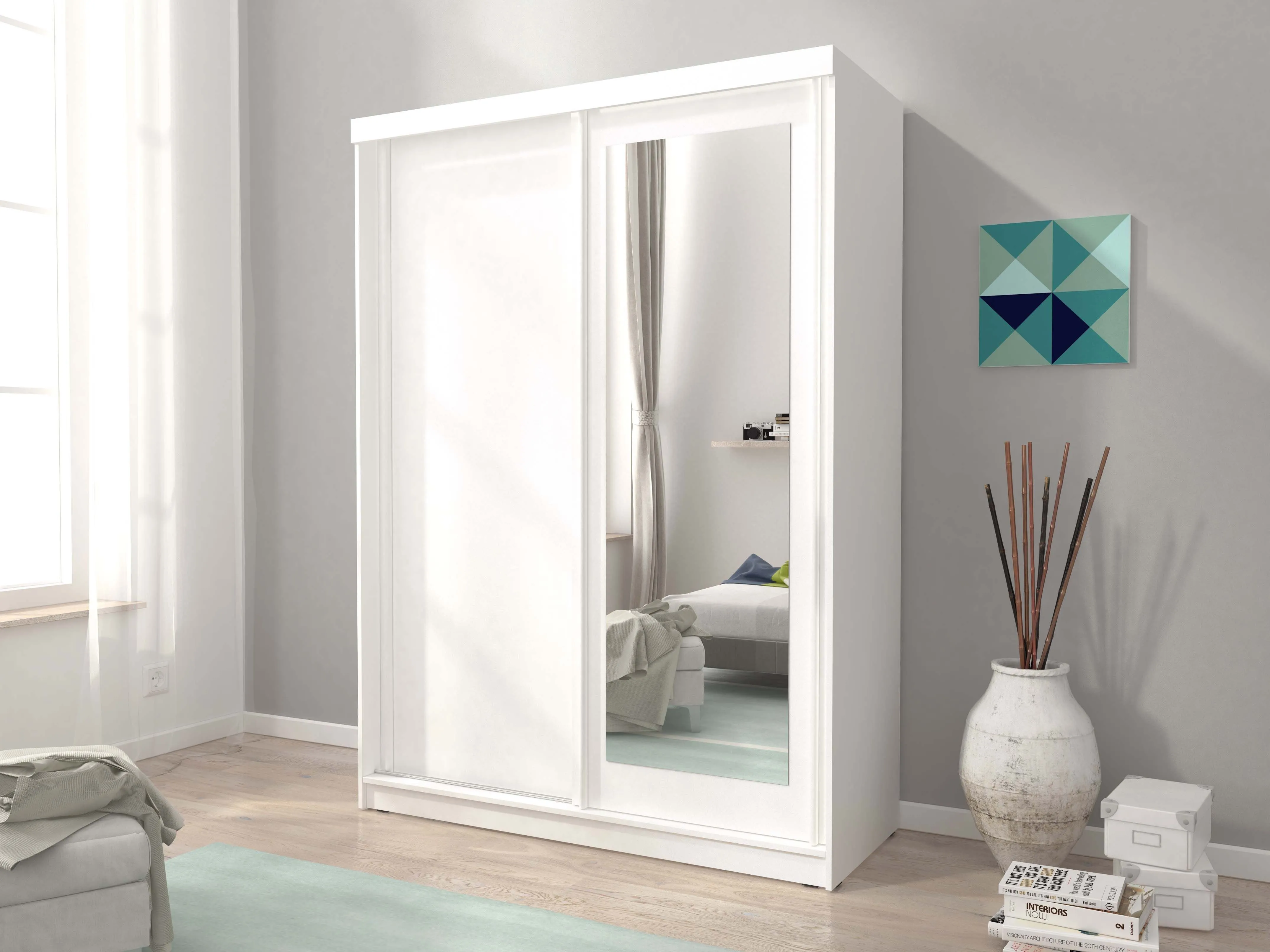 Nord 150cm 2 Door Sliding Wardrobe with 1 Mirrored Door - White