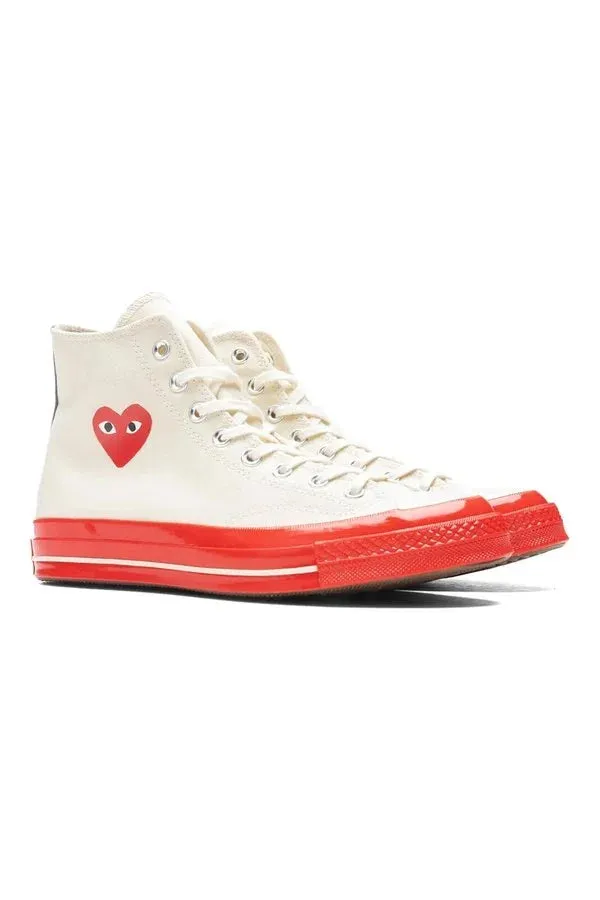 White CDG Play x Converse Red Sole High Top Sneakers