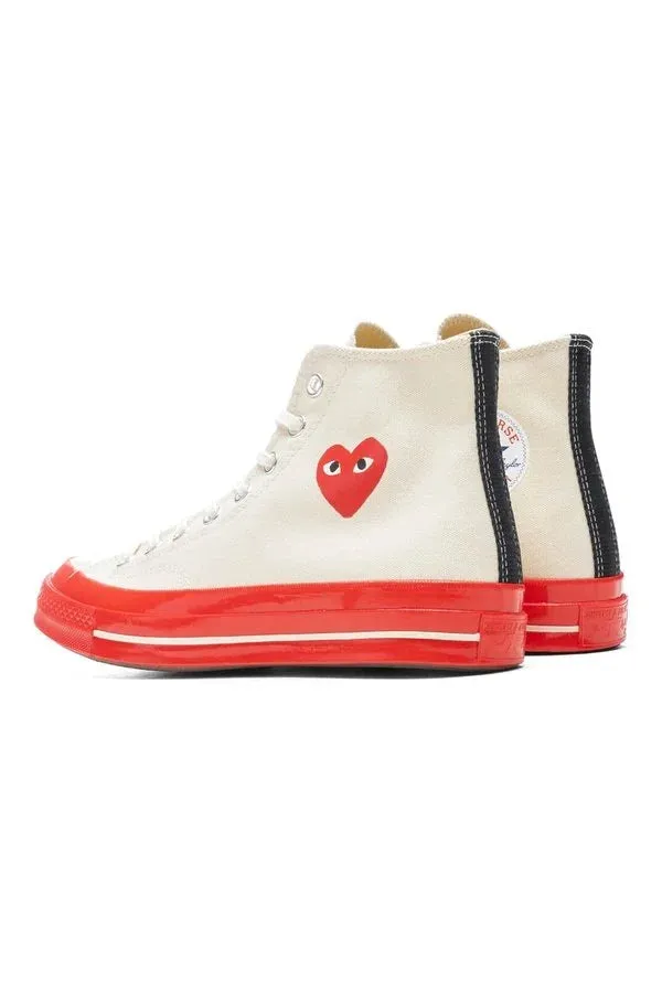 White CDG Play x Converse Red Sole High Top Sneakers