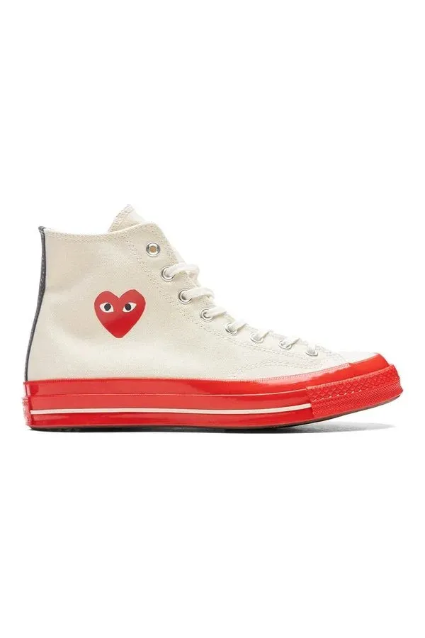 White CDG Play x Converse Red Sole High Top Sneakers